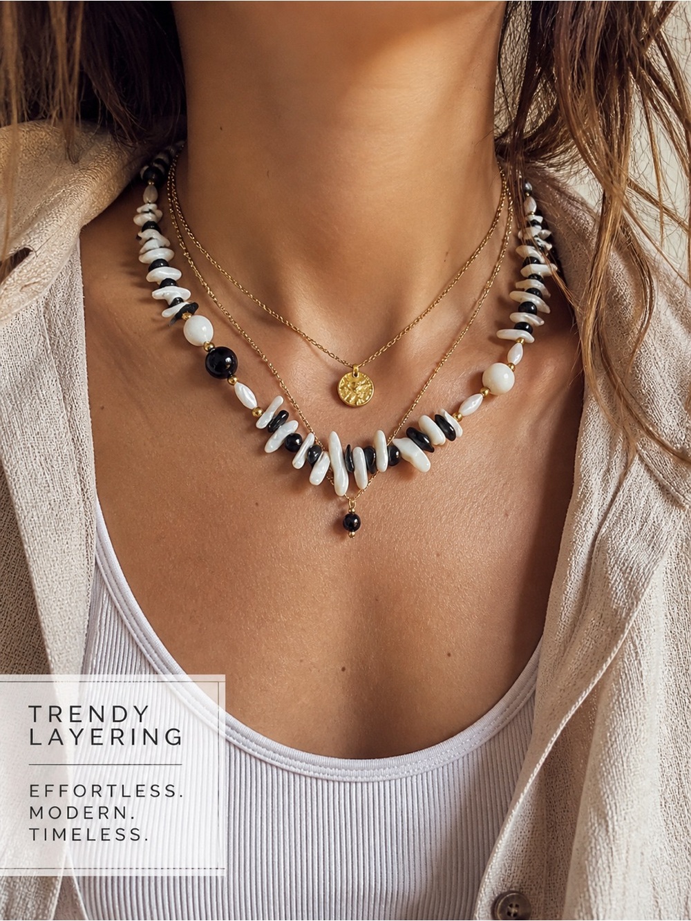 Boho Black White‎ Beaded Necklace | Layered Look Jewelry | Coastal Chic Stone